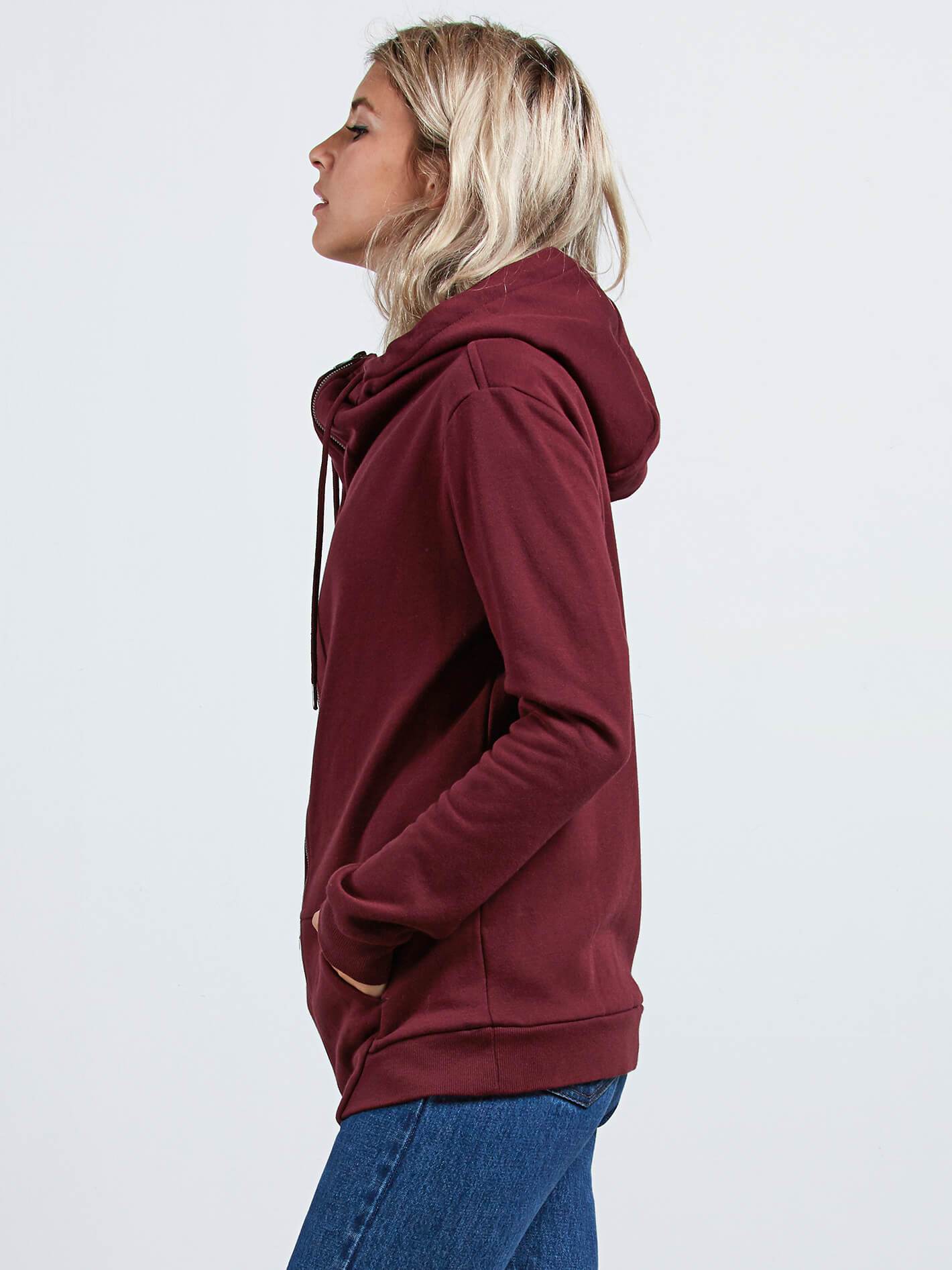 Walk On By Zip Flce Sweater - Burgundy