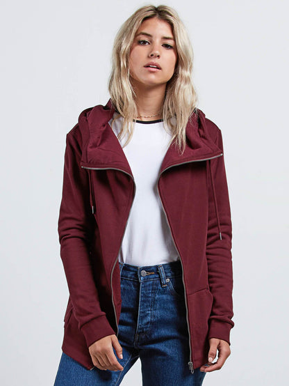 Walk On By Zip Flce Sweater - Burgundy